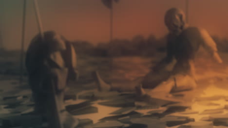 destroyed andorids on a junkyard in yellow light