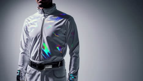 man in futuristic jacket with iridescent light