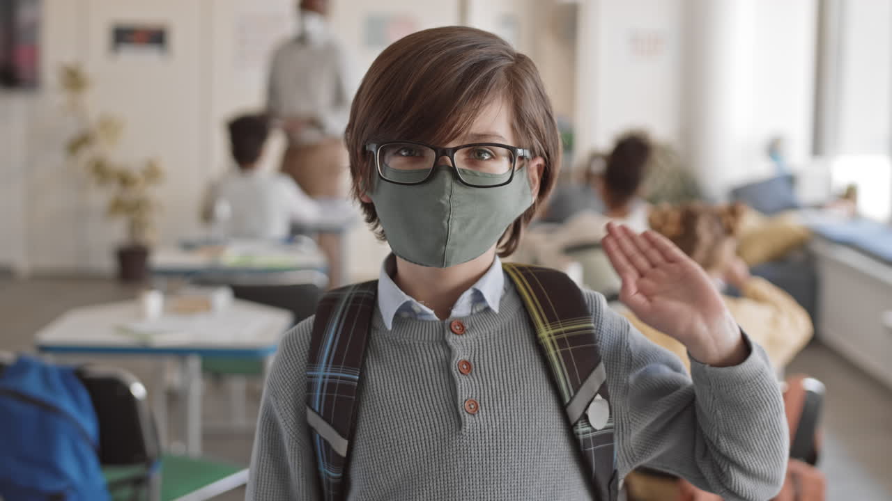 Portrait of Cool Schoolboy in Face Mask at Class