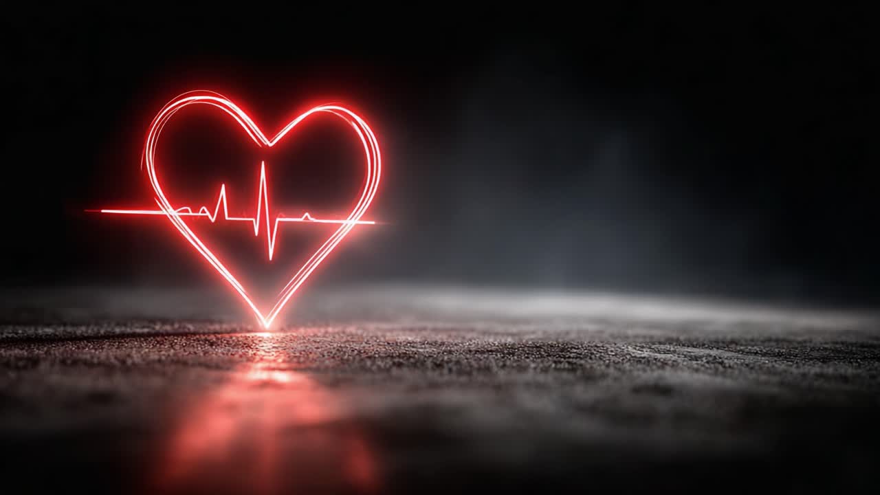 A Captivating Heartbeat Illustration with a Neon Heartbeat Line in a Dark Environment, Highlighting Love, Vitality, and Emotional Depth