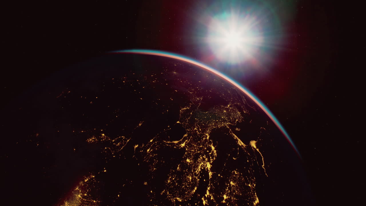 Bright light shines over earth during a stunning sunrise view from space