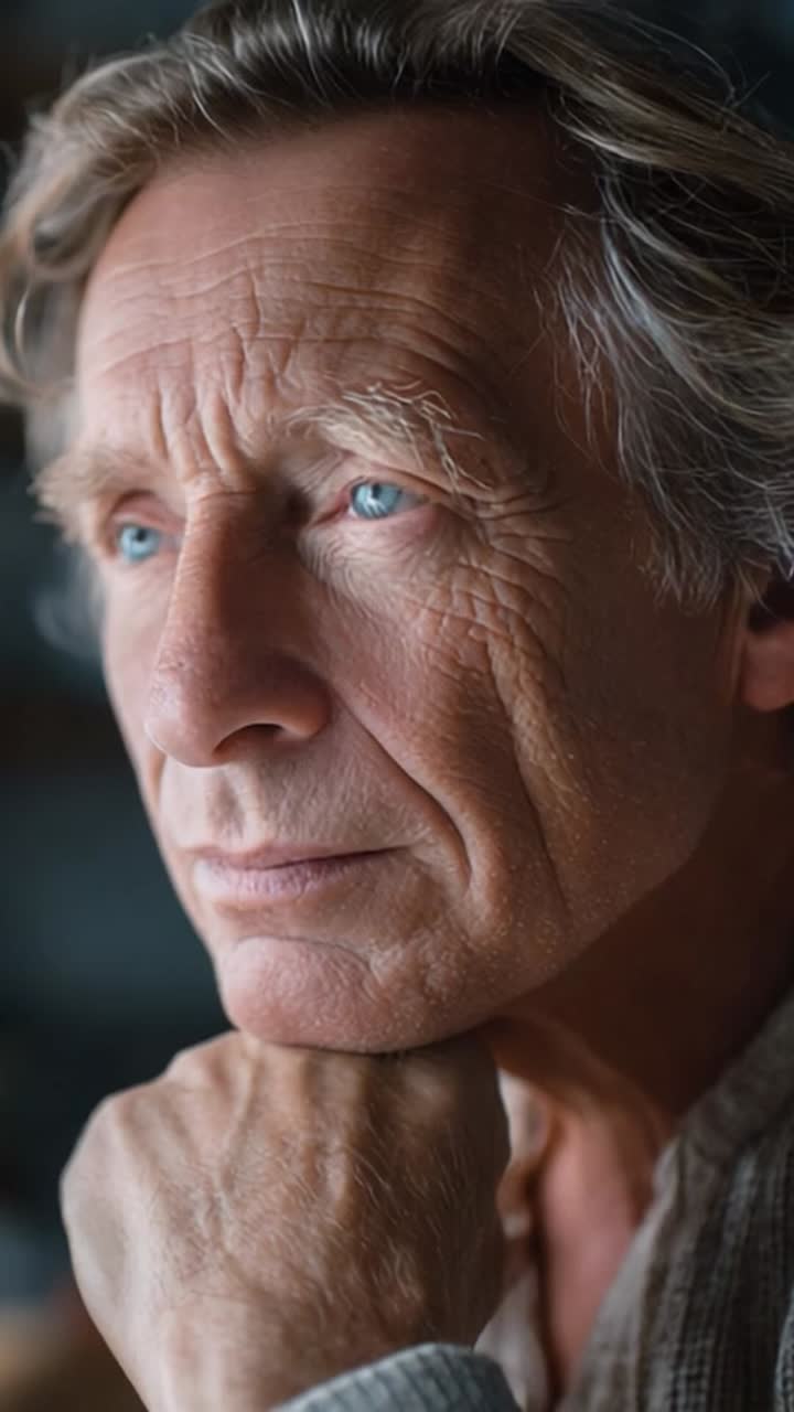 Primer plano de un hombre mayor reflexivo con llamativos ojos azules y arrugas elegantes, que evoca una sensación de sabiduría y experiencias vitales en un fondo sereno