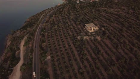 Flying-over-the-sea-and-shoreline-with-gardens-and-houses-Trikorfo-Beach-Greece