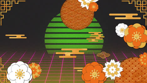 animation of falling orange flowers over digital landscape with sun