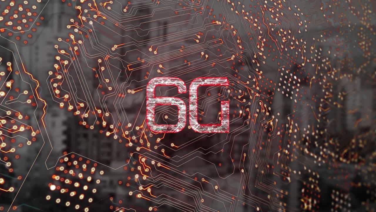 Animazione di testo 6G, paesaggio urbano e connessioni