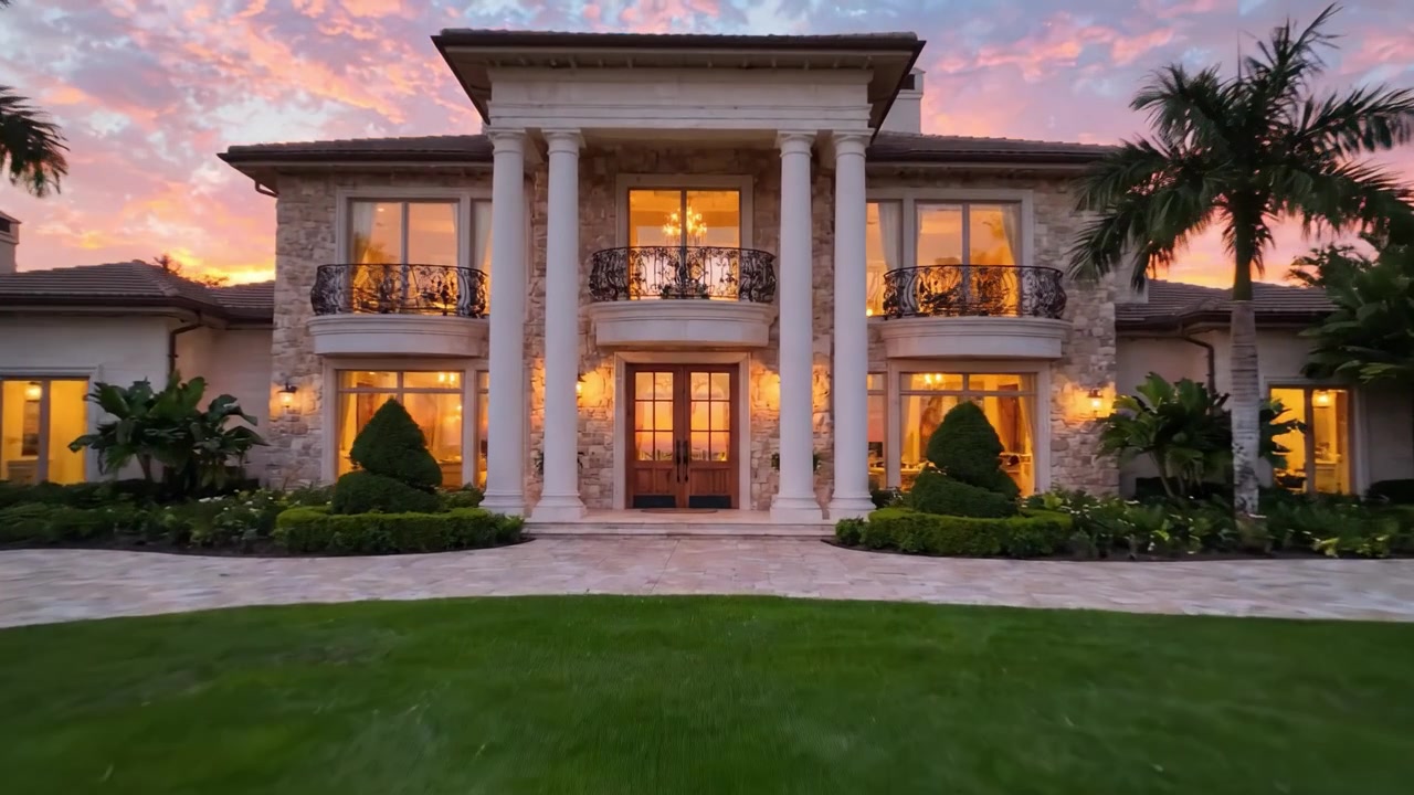 Elegant Mansion Surrounded by Lush Landscaping and Vibrant Sunset, Capturing the Beauty of Distinct Architectural Design and Serene Atmosphere