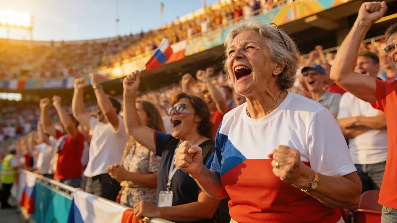 Jublende ældre kvinde i flag-T-shirt klapper og råber på stadion, efter at holdet scorer med flag