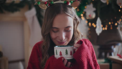 mujer feliz oliendo café fresco durante la navidad en casa