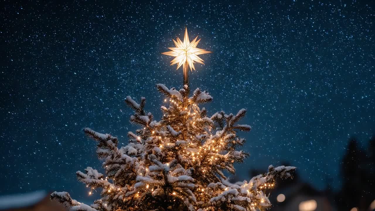 Un albero di Natale splendidamente illuminato sotto un cielo notturno stellato con una stella scintillante sulla cima, che cattura l'essenza dell'allegria e dello spirito festivo