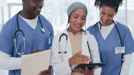 doctors, tablet or high five in success