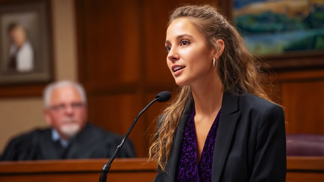 A courtroom scene unfolds as a young woman delivers her testimony, poised and confident, addressing the jury while a judge listens attentively in the background, showcasing the intensity of legal proceedings