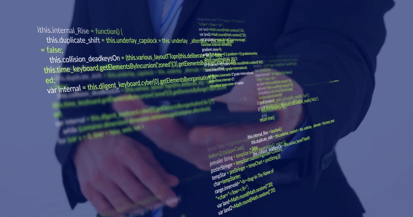 Male professional swiping phone, starting code overlay and reviewing tech code on blue gradient
