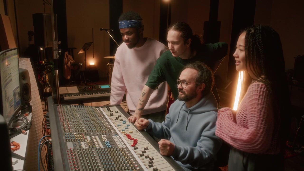 Music Producer and Band Mastering Audio Tracks in Recording Studio