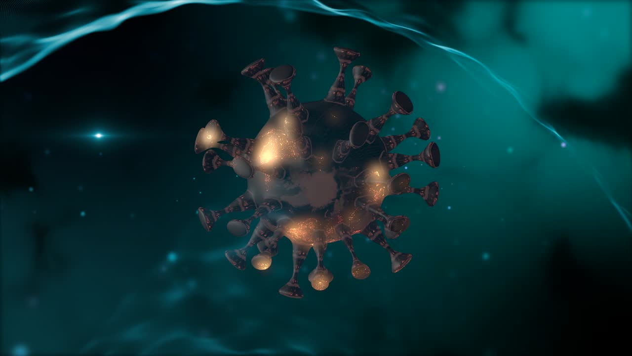 renderizado en 3d de una célula de virus abstracta dentro de una burbuja transparente sobre un fondo oscuro borroso.