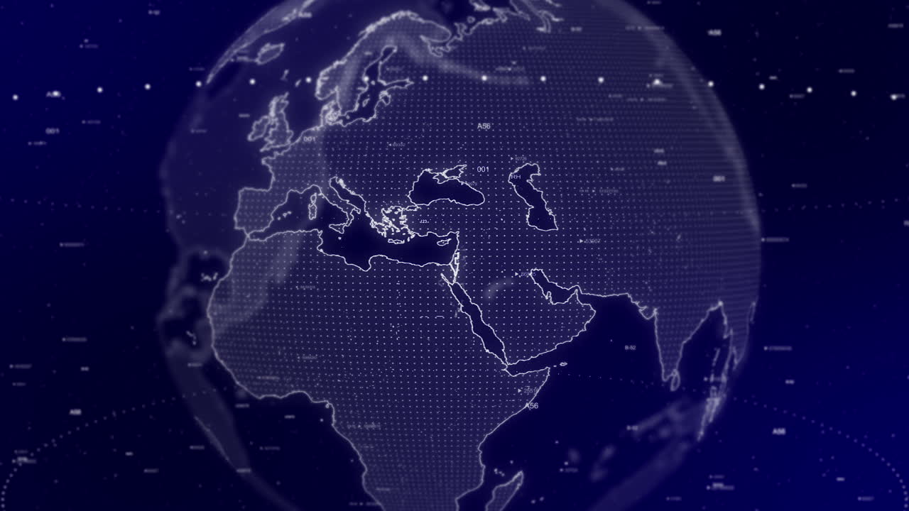 영화적 비디오 배경은 디지털 지구가 회전하고 이스라엘 나라를 확대하는 것을 보여줍니다.