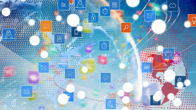 Animazione di globo con icone e rete di connessioni