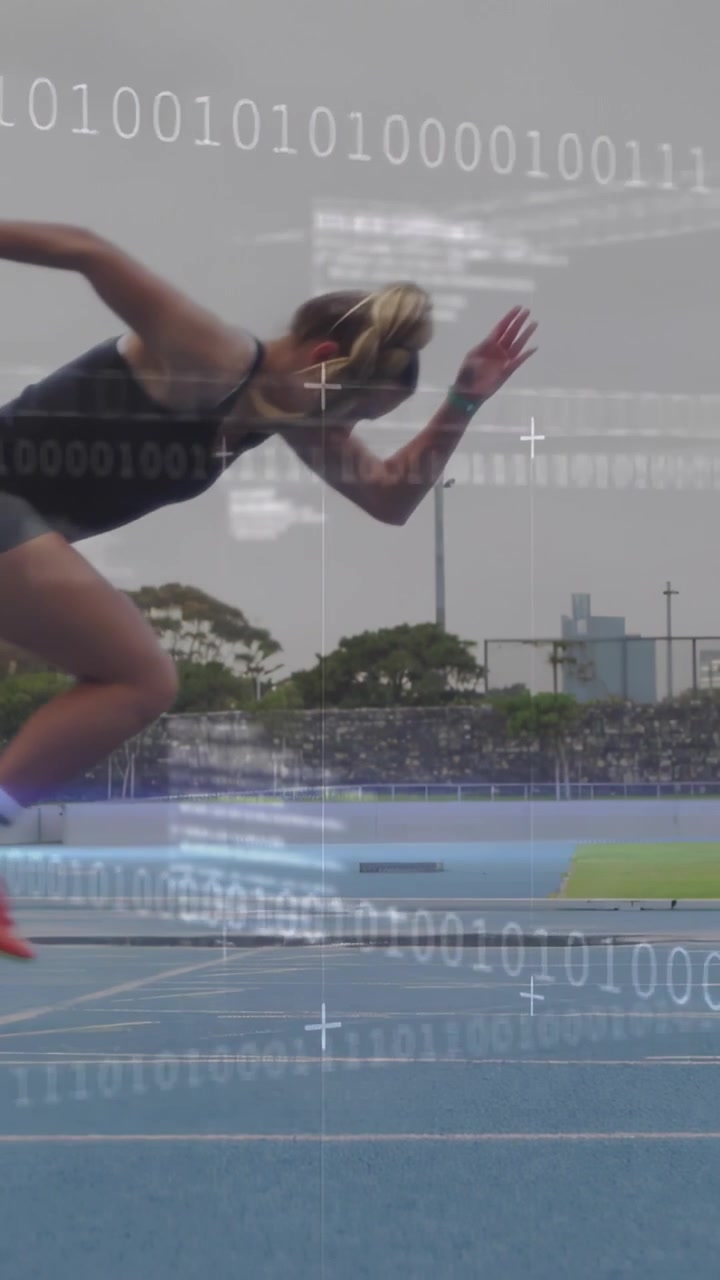 Female sprinter pushing from blocks, sprinting right with binary overlay, gaining speed for sports