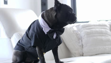 Cute-Black-Pug-Dog-Dressed-In-Formal-Suit-Costume,-SLOW-MOTION