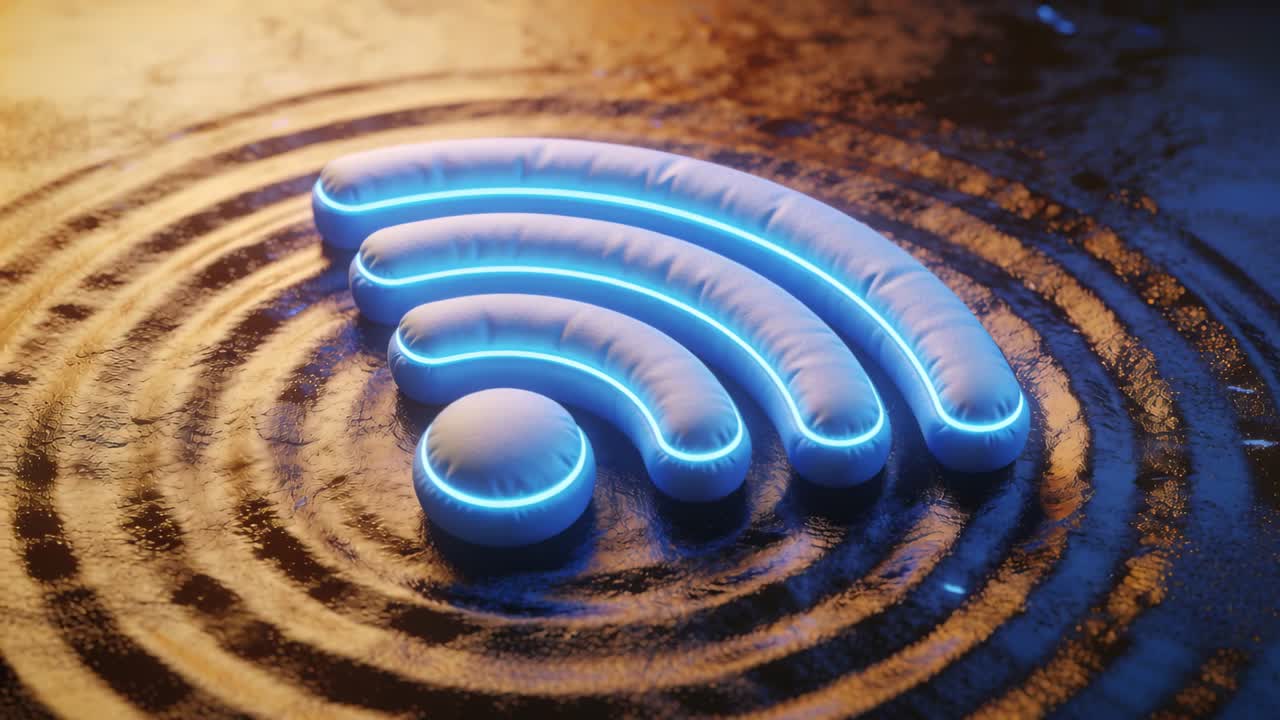 Frames advancing wifi icon pulsing blue rim, ridges sharpening, zooming, highlighting tech signal