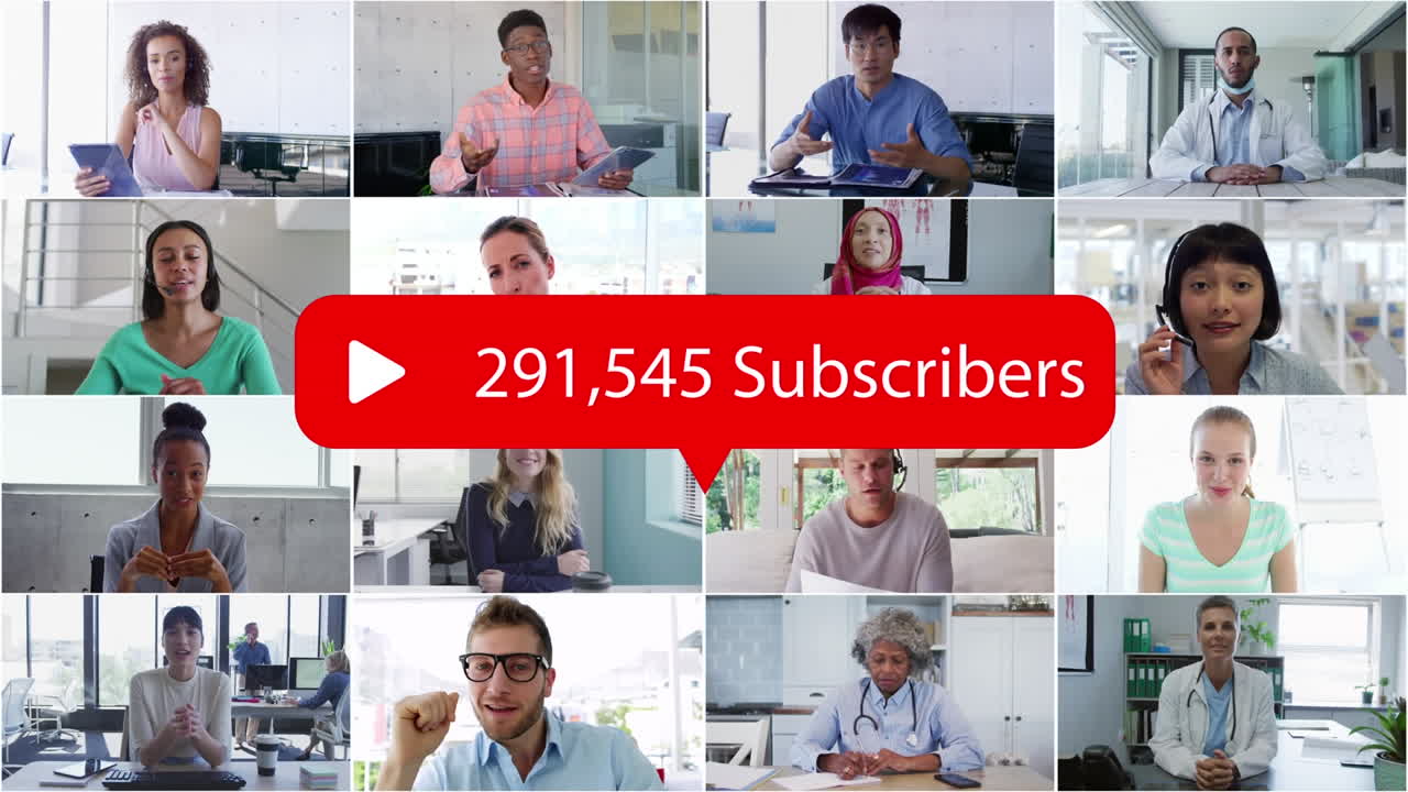 animación del icono de los medios sobre diversas personas de negocios durante la videollamada