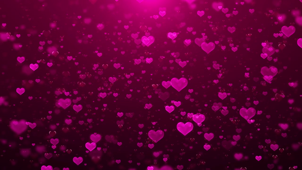 Sfondo di cuori rosa fluttuanti, bokeh romantico, particelle luminose e una morbida profondità sognante per San Valentino.