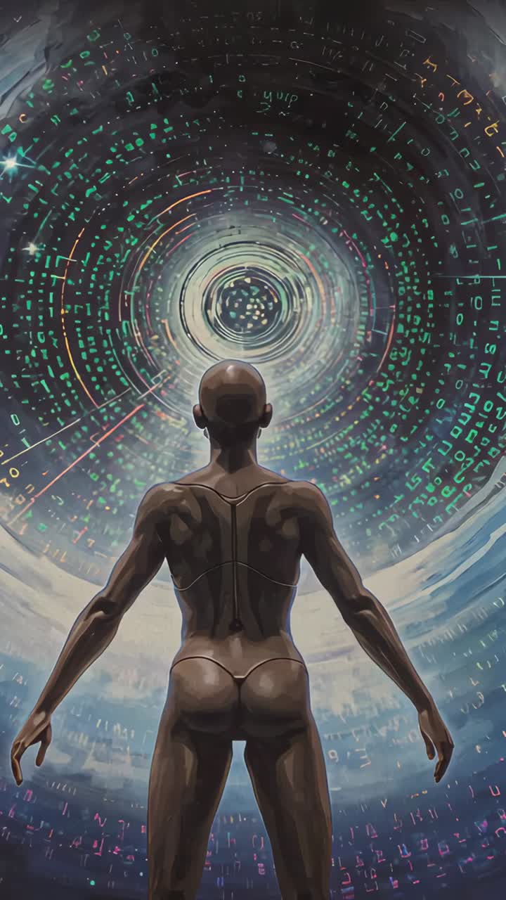 Vertical video: Intensifying vortex driving camera zooming, showing android metal spine facing sky