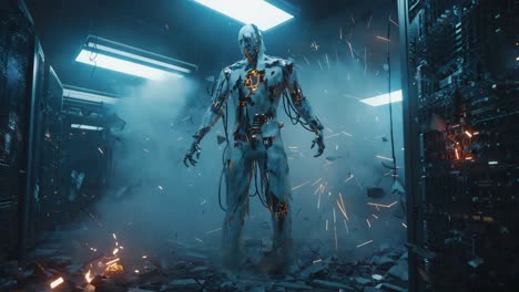 ai robot in a destroyed data center