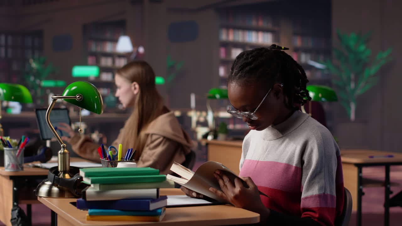 Vertical video black girl reading books and handwritten class notes right before the exam