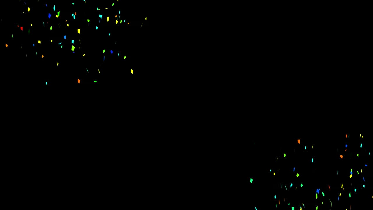 검은색 배경 위에 떠다니는 콘페티 글씨와 다채로운 콘페티의 애니메이션