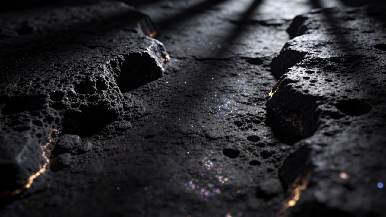 Pushing forward, low camera filming narrow channel on dark rock highlighting warm cracks and glints