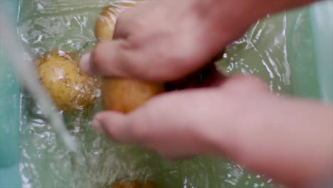 limpie algunas papas con ambas manos y agua, cierre