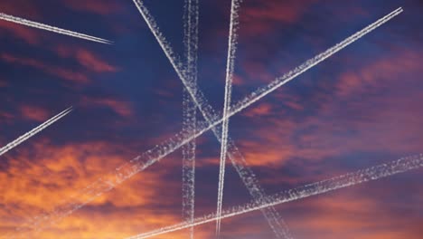 A lot of planes cruising in the sky in the sunset over Atlanta, symbol of too much: air traffic, pollution, climate warming