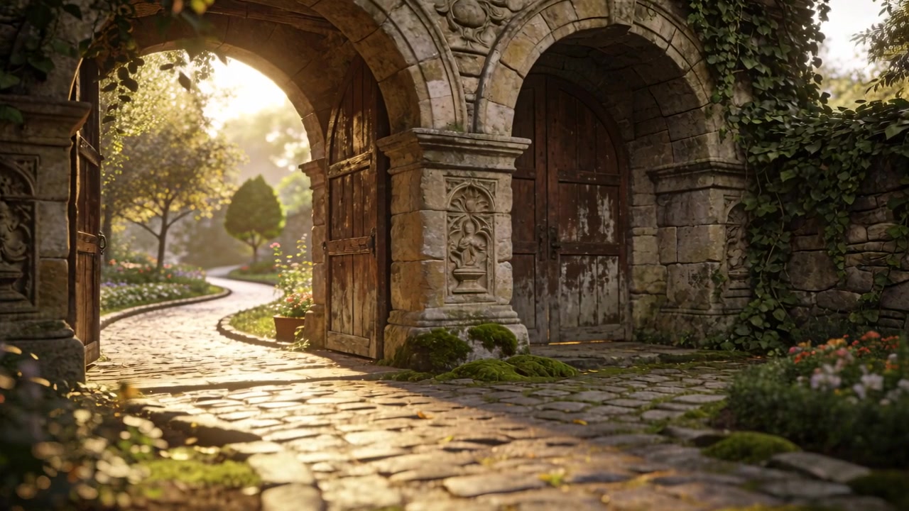 Sunlight brightening, stone arch with open wooden door guiding camera across cobbles revealing path