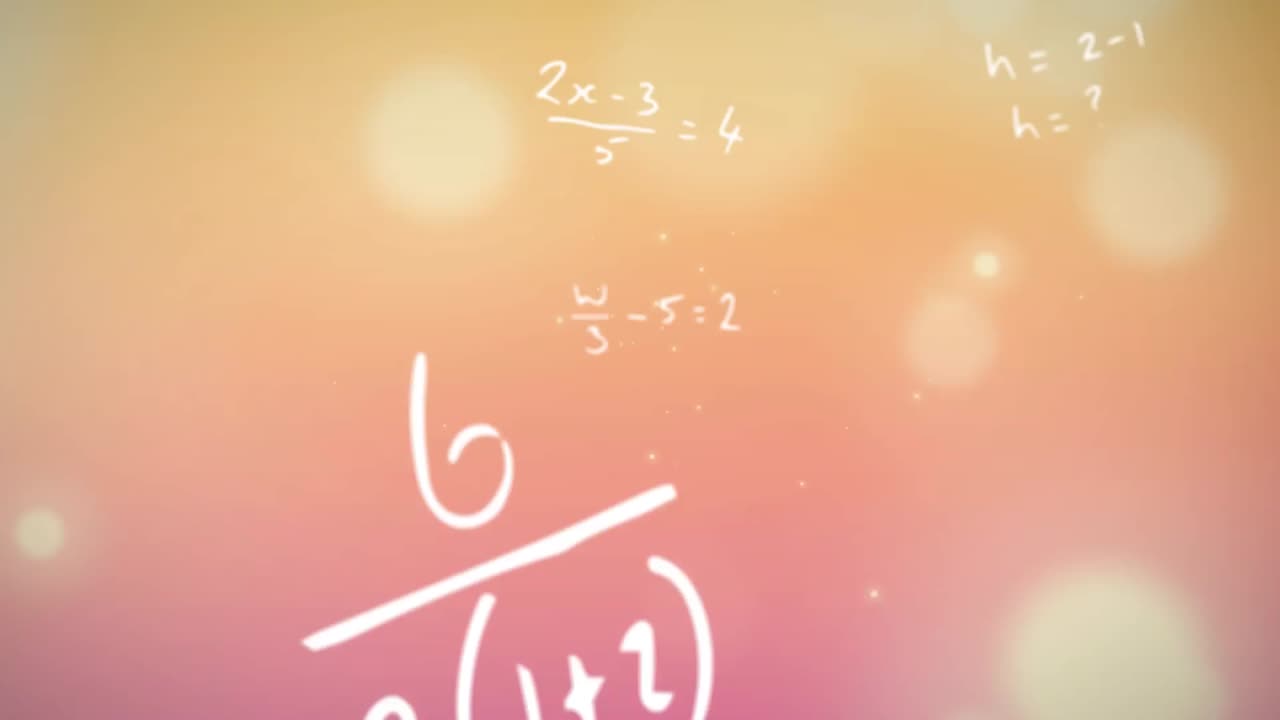오렌지색 배경에 비해 빛나는 반점과 수학 방정식의 디지털로 생성된 비디오