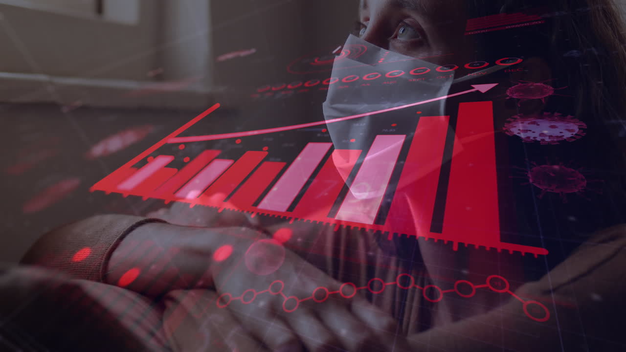 y gráfico de bacterias de coronavirus volando sobre la mujer con máscara.