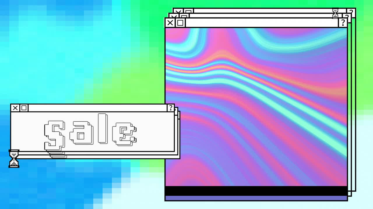 Animation of digital interfaces with sale text and colourful shapes on colourful background
