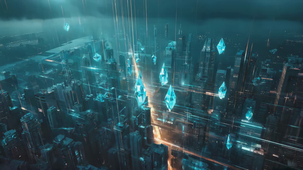 Futuristic Cityscape with Floating Glowing Crystals