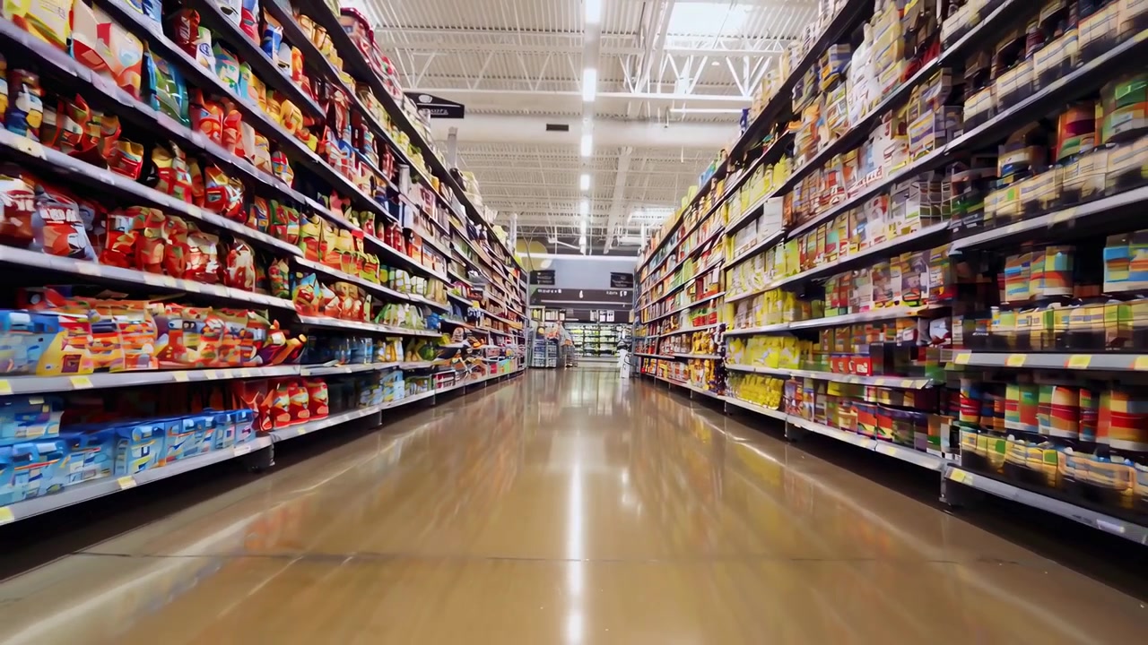 Smooth Shot of a Supermarket Aisle with Colorful Products
