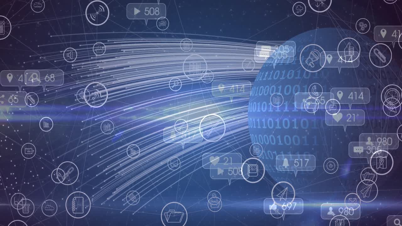 Animation of falling numbers and icons over blue background