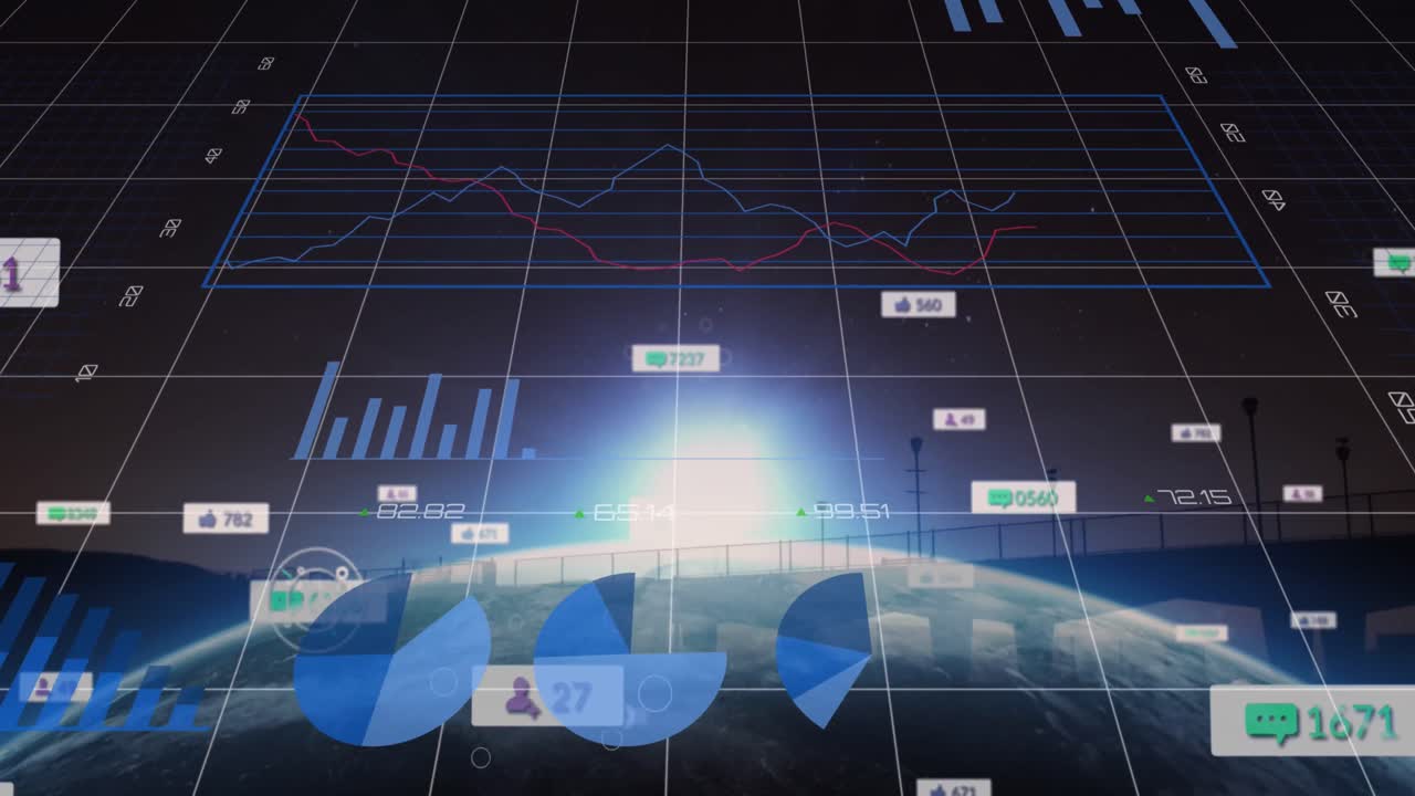 Animation of financial data processing with icons and numbers over globe