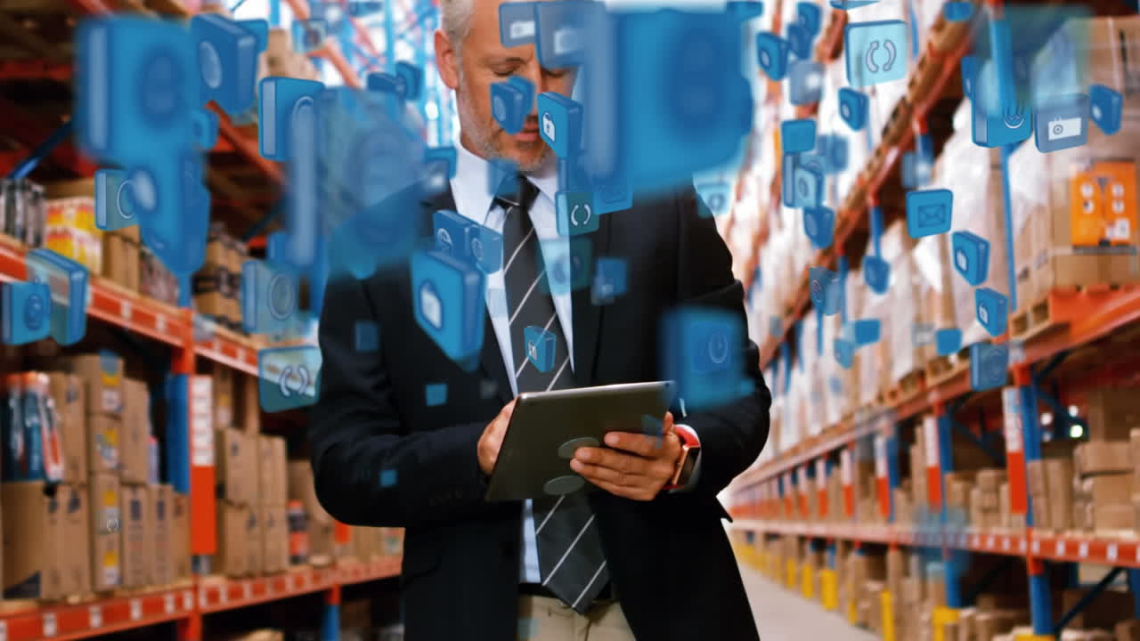 Animation of Caucasian man checking stock in warehouse area over flying blue icons