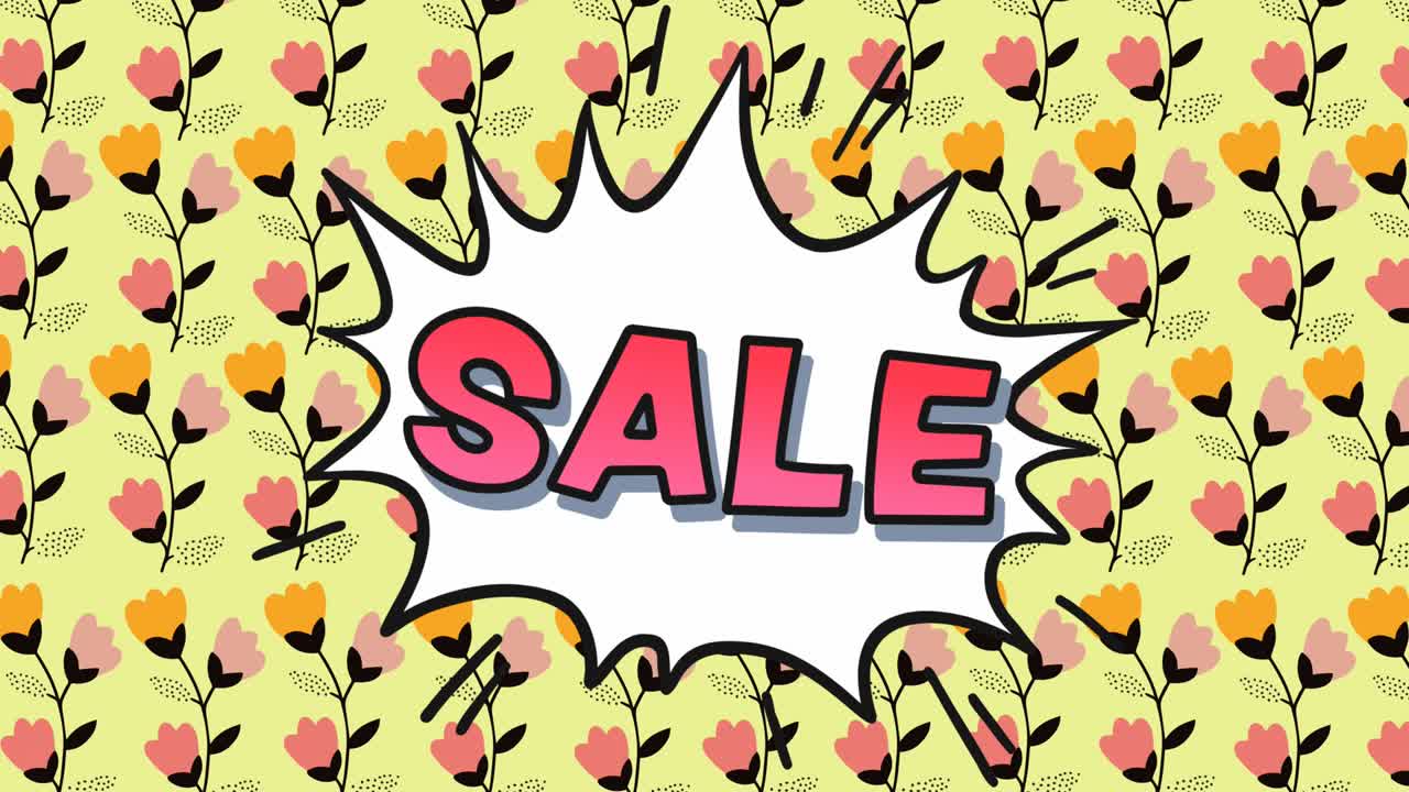 음성 거품 위의 뜨거운 판매 텍스트의 애니메이션과 최면 운동으로 움직이는 꽃