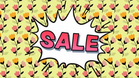 animación de texto de venta caliente sobre burbuja de habla y flores que se mueven en movimiento hipnótico