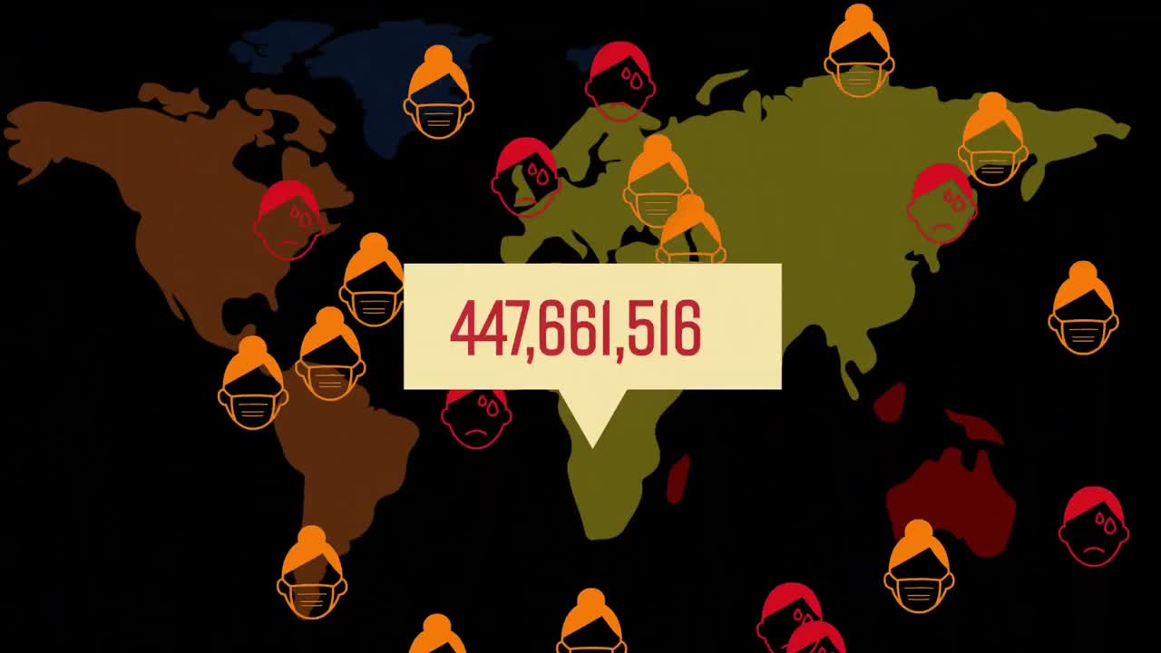 노란색 음성 거품에서 숫자가 증가하면서 날아다니는 인간의 얼굴의 오렌지색 픽토그램의 애니메이션