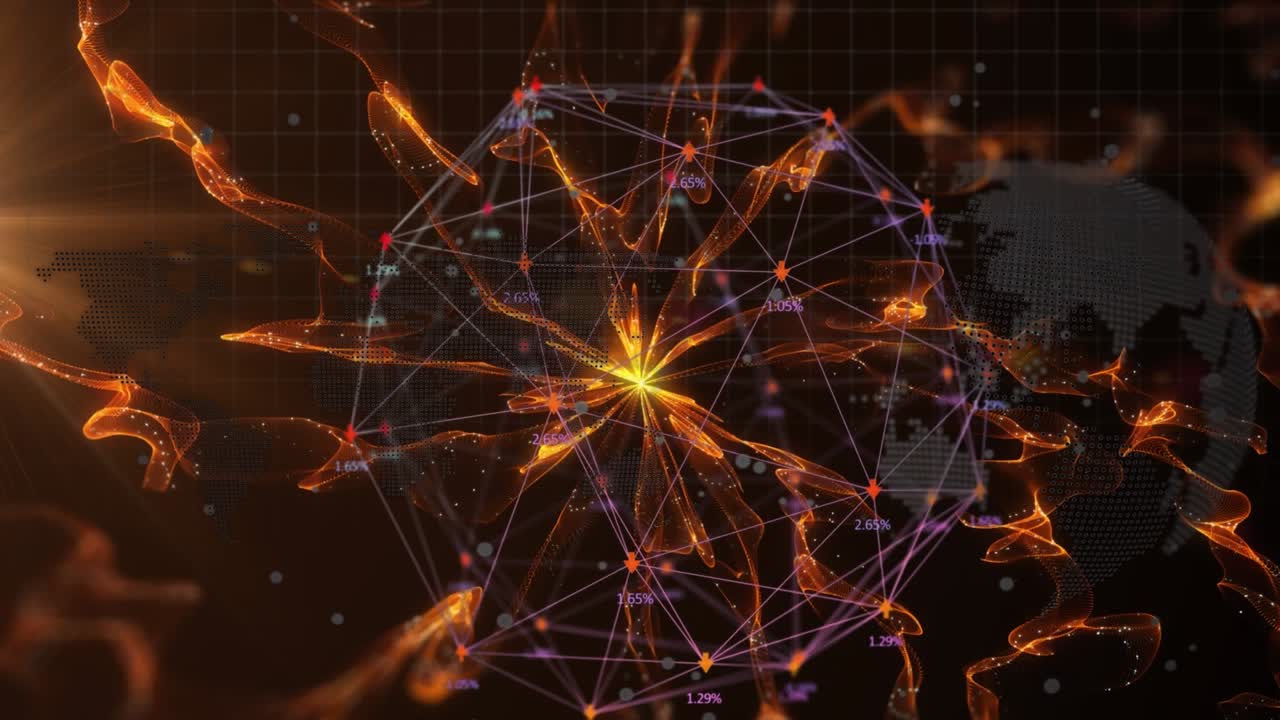 Animation of data processing with globe of connections over light trails