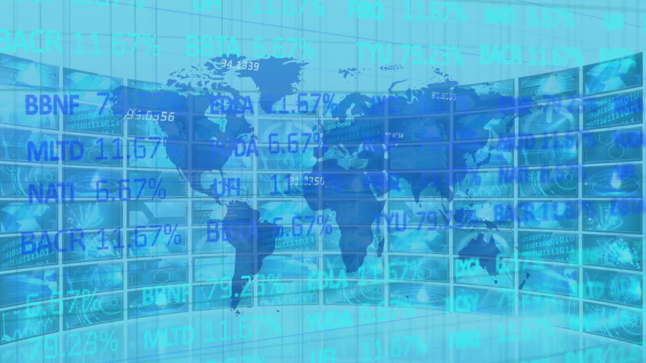 데이터와 정보가 여러 화면에서 이동하는 파란색 세계 지도의 애니메이션