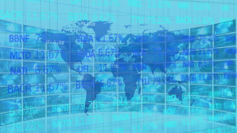 animation of a blue world map with data and information moving over multiple screens
