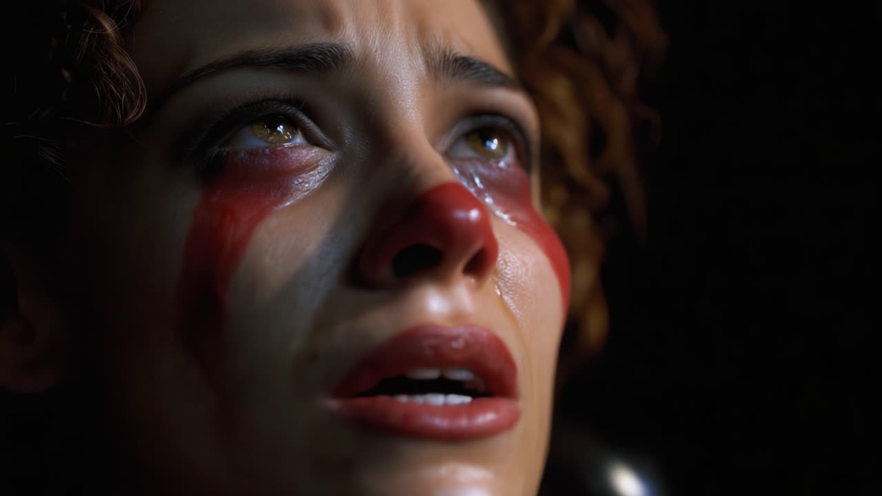 Un gros plan d’un personnage de clown en détresse, les larmes coulant sur son visage et un maquillage rouge éclatant rehaussant l’intensité émotionnelle dans un décor sombre