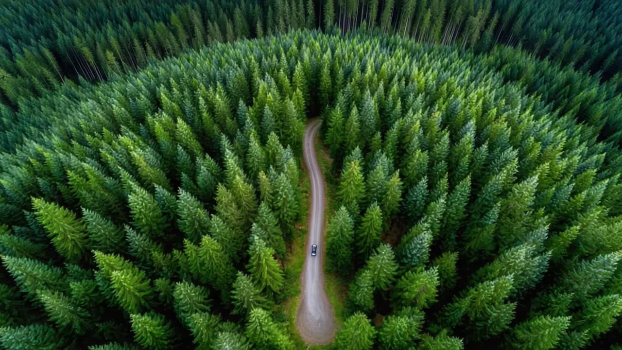 Captivating Aerial View of a Winding Road Through Lush Green Forest Surrounded by Towering Pine Trees in a Serene Natural Landscape