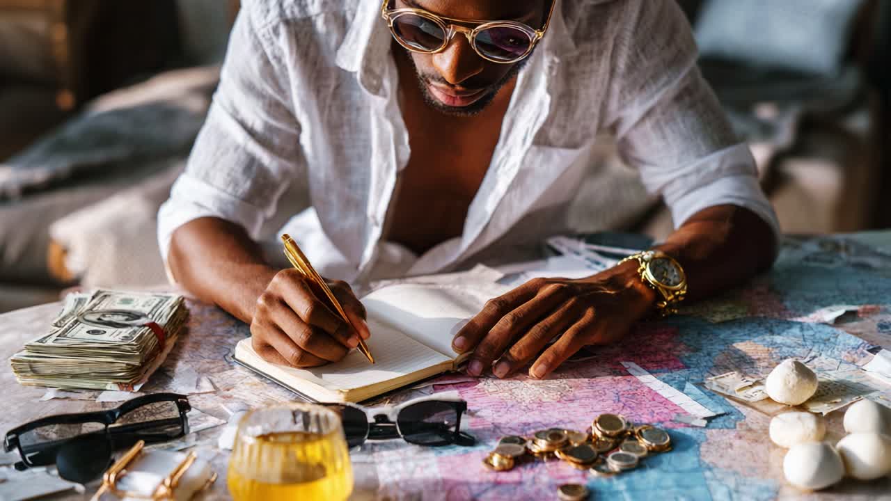 Focused and Determined Writer Engaged in Note-Taking Amidst Luxurious Surroundings Highlighted by Cash, Coins, and Accessories Reflecting a Life of Success and Ambition